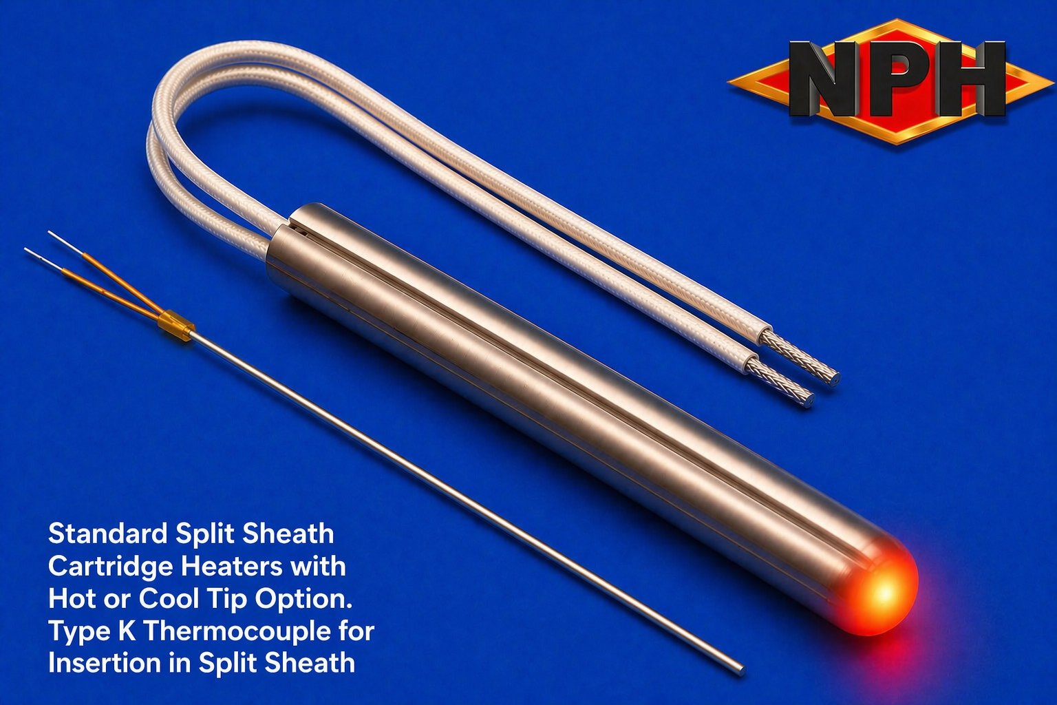 NPH Expanding Split Sheath Cartridge Heater with Hot or Cool Tip, Optional External In Split Sheath or On Sheath Type K TC